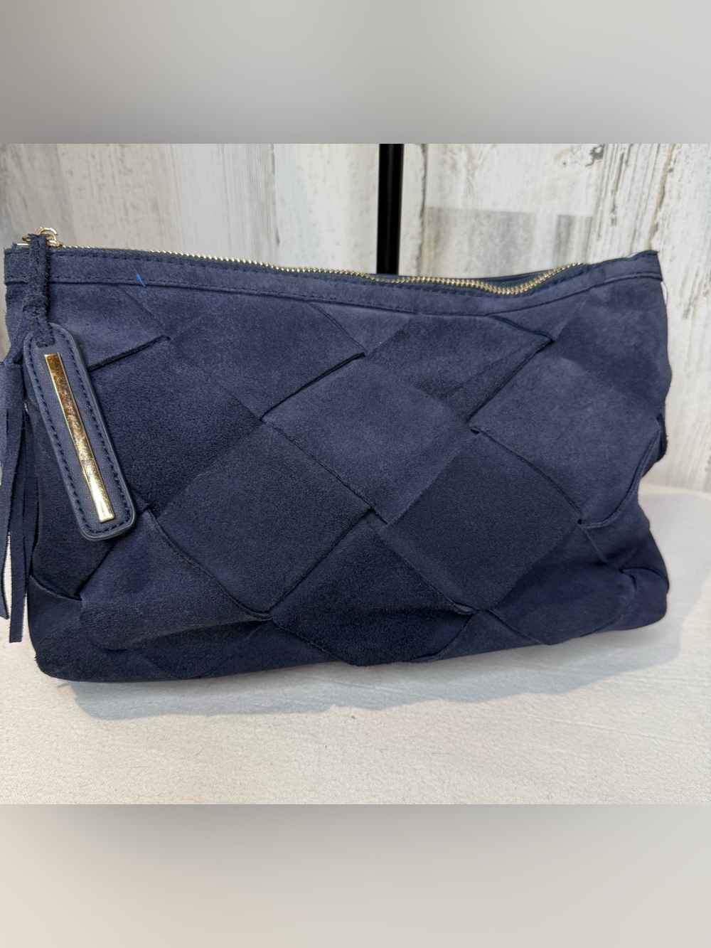 Moda Luxe Navy Suede Woven Clutch Vegan Leather
